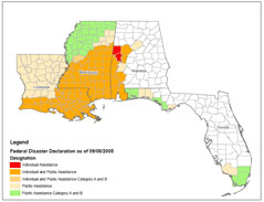 A picture of a map that shows the different Federal disaster declaration areas as of 9/8/2005.