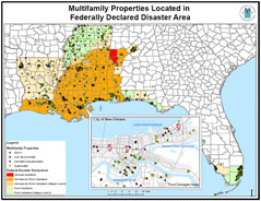 A picture of a map that locates all HUD-assisted multifamily properties located in the various Federal disaster areas.