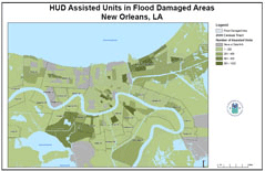 A picture of a map that summarizes the number of HUD assisted units by Census tract.