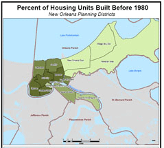 A picture of a map that identifies the planning districts within New Orleans that have the oldest housing stock.