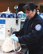 Image of a transportation security officer screening a bag.