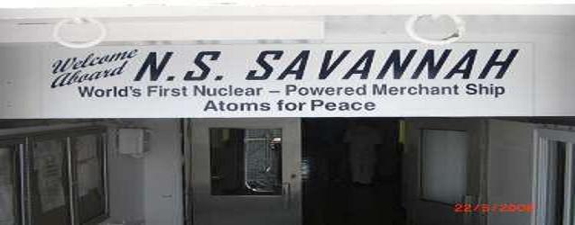 Banner-Photo of the Nuclear Ship Savannah Welcome Aboard Banner hanging at the Passenger Side Port