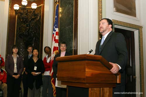 In honor of the first annual AmeriCorps Week, USA Freedom Corps hosted a reception for 100 members from Washington, D.C. area AmeriCorps programs in the Indian Treaty Room at the White House on May 18, 2007. They heard words of congratulations from USA Freedom Corps Director Desiree Sayle and Corporation for National and Community Service CEO David Eisner; AmeriCorps Director Kristin McSwain led the members in taking the AmeriCorps pledge to “get things done for America.”