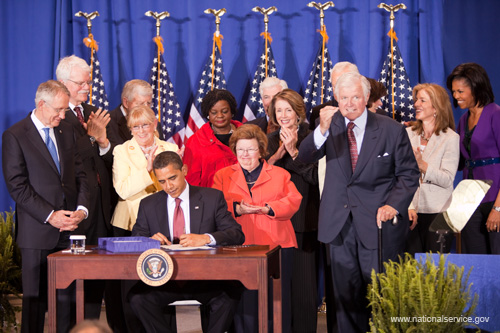 President Barack Obama signed the Edward M. Kennedy Serve America Act on April 21, 2009 at a Washington DC elementary school, joined by Vice President Biden, First Lady Michelle Obama, Dr, Jill Biden, Members of Congress, former President Clinton, former First Lady Rosalyn Carter, and an audience of nonprofit leaders and national service volunteers. The President was introduced by the bill’s namesake and longtime service champion Senator Kennedy, who co-authored the legislation with Senator Orrin Hatch. 