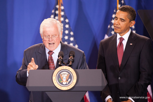 Senator Ted Kennedy introduces President Obama at the signing ceremony for the Edward M. Kennedy Serve America Act.  President Barack Obama signed the Serve America Act on April 21, 2009 at a Washington DC elementary school, joined by Vice President Biden, First Lady Michelle Obama, Dr, Jill Biden, Members of Congress, former President Clinton, former First Lady Rosalyn Carter, and an audience of nonprofit leaders and national service volunteers. The President was introduced by the bill’s namesake and longtime service champion Senator Kennedy, who co-authored the legislation with Senator Orrin Hatch.
