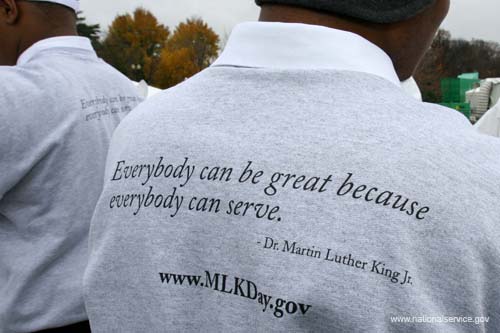 Volunteers from Howard University in Washington, DC at the groundbreaking ceremonies for the Martin Luther King, Jr. National Memorial sport sweatshirts touting the Martin Luther King, Jr. Day of Service.  More than 100 AmeriCorps members and Learn and Serve students volunteered at the historic groundbreaking of the Martin Luther King Jr. National Memorial.  Speakers challenged Americans to honor Dr. King’s life and legacy by working in their communities achieve King’s dream of justice and equality.  For the past 12 years, the Corporation for National and Community Service has led national efforts to transform the King Holiday into a national day of service as a living memorial to the civil rights legend.