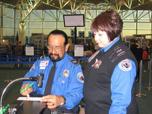 TSO Stephen Candia, with BDO Maritza Ramos, at Portland International Airport. Photo by Tina Burke