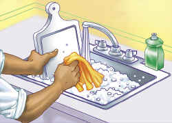 Image of a cutting board being washed in a sink