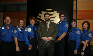 Photo of Cincinnati/Northern Kentucky's The RedEye team (from left), Supervisory TSOs Dennis Carr and Robin McClain; Behavior Detection Officer Elaine Goetz; Transportation Security Manager Thomas J. Rizzo; TSOs Sharon Miller, Patricia Kenney and Elizabeth S. Williams. Not pictured are TSOs Sharon Galbreath, Juanita Hughes and Pamela Leirey. Photo courtesy of Dennis Carr.