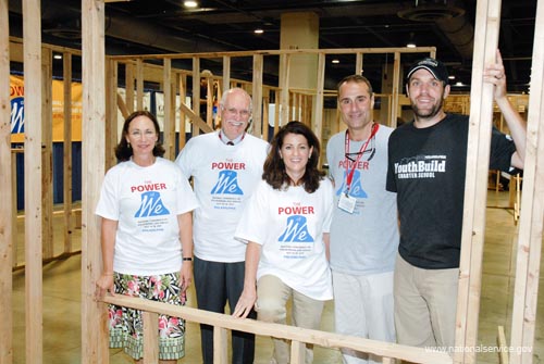 Among the volunteers at the building project at the National Converence on Volunteering and Service were, from the left, Liz Seale, Chief Operating Officer of the Corporation for National and Community Service; Corporation Chief Financial Officer Jerry Bridges; Gretchen Van der Veer, director of the Corporation's Office of Leadership Development and Training, Todd Bernstein, founder and director of the annual Greater Philadelphia Martin Luther King Day of Service; and Brian Leffler, program director for YouthBuild Philadelphia Charter School. Project partners included YouthBuild Philadelphia Charter School and YouthBuild USA.  AmeriCorps members serving with the YouthBuild Philadelphia Charter School helped manage the build.