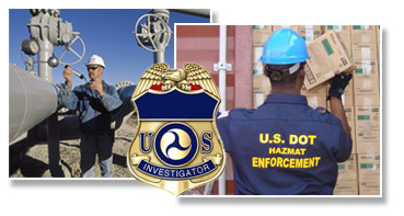 Collage of person inspecting a pipeline; person inspecting a truck's cargo, and inspector's badge
