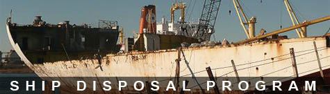 Banner: Ship Disposal Program - photo of a dismantled ship in the Beaumont Reserve Fleet (BRF)