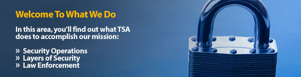 Welcome To What We Do. In this area, you'll find out what TSA does to accomplish our mission: Security Operations, Layers of Security, and Law Enforcement