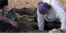 Two archeologist from the National Park Service digging in test pits in Bering Land Bridge National Preserve