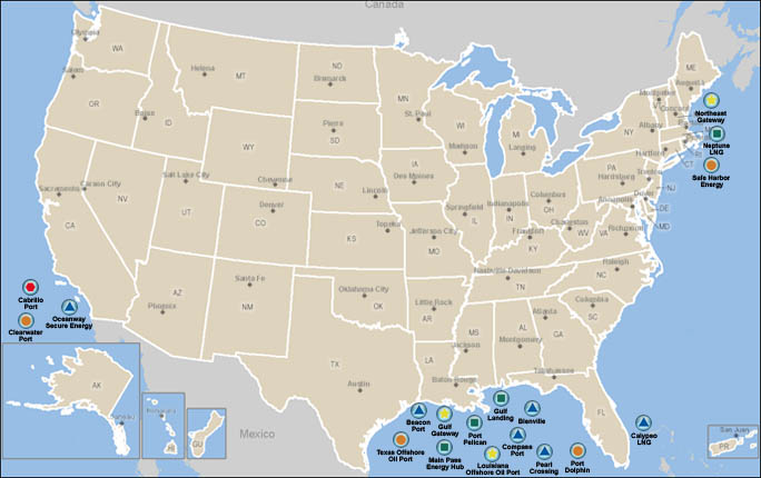 Map of the United States showing Deepwater Ports