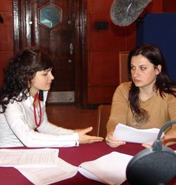 An actress playing a social worker, left, counsels Marta during the recording of an educational soap opera. Photo: Pine Street/Elton Verzivolli