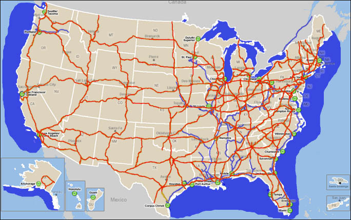 Map of the Untied States showing Marine Highways with Interstate Highways also displayed