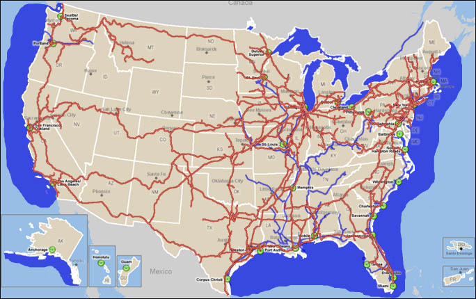 Map of the Untied States showing Marine Highways with Railroads also displayed