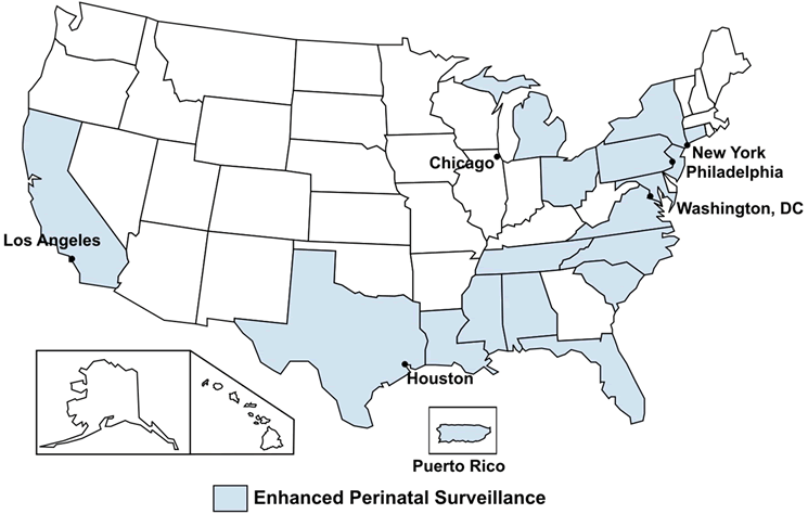 Map of the United States and Puerto Rico showing the location of enhanced perinatal surveillance areas, 2000-2003.