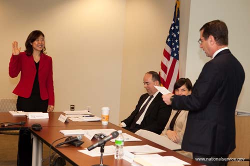 Corporation board member Hyepin Im is sworn in by board chair Alan Solomont.  Im's term on the Corporation's board lasts through 2013.  On February 4, 2009, the Corporation for National and Community Service held a public board meeting at the Corporation's Washington, DC headquarters.