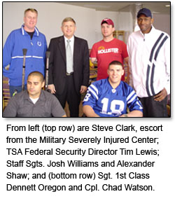Image of From left (top row) are Steve Clark, escort from the Military Severely Injured Center; FSD Tim Lewis; Staff Sgts. Josh Williams and Alexander Shaw; and (bottom row) Sgt. 1st Class Dennett Oregon and Cpl. Chad Watson. 