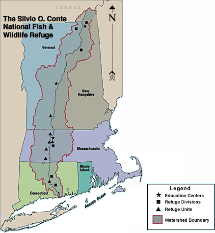 Interactive map of Silvio O. Conte Refuge depicting education centers, refuge divisions and units