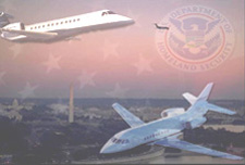 Collage of the TSA Logo, three airplanes circling over Washington, DC, and the US flag