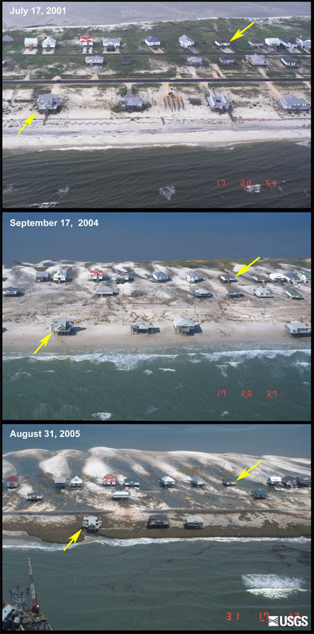 These photographs show a significant increase in overwash penetration across the island after Ivan and beyond the island after Katrina.