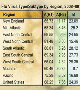 Chart: Flu Virus Type/Subtype by Region, 2008-09