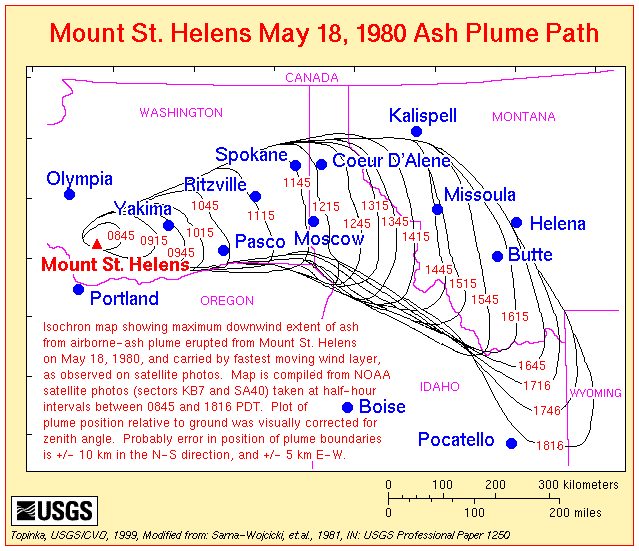 Map, Mount St. Helens May 18, 1980 Ash Plume Path