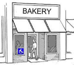 Graphic of a person entering a bakery using a ramp, access symbol on the window of the storefront