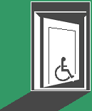Graphic using the access symbol of a person in a wheelchair, showing the person going through an open door