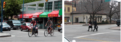 Figure 2 consists of two photos.  The left photo shows two helmeted bicyclists riding across an intersection in front of traffic stopped at the signal.  The right photo shows two pedestrians crossing a signalized intersection in a marked crosswalk.