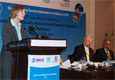 The USAID Mission Director, Anne Aarnes, speaking at the launching ceremony of Pakistan’s National Professional Standards for Teachers Program. Photo also shows Federal Minister for Education Mir Hazar Khan Bijrani and UNESCO Director Maurice Robson.
