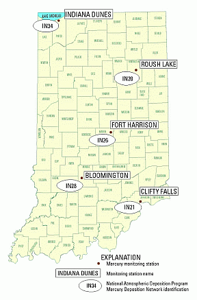 figure of monitoring stations for mercury in precipitation in Indiana.