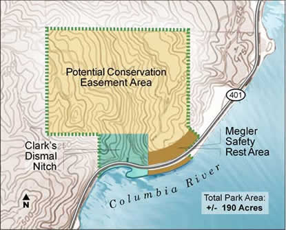 This map image is a representation of the proposed boundary for Clark’s Dismal Nitch Unit of the Lewis and Clark National Historical Park. The boundary includes a proposed conservation easement over the surrounding forested hillside. Courtesy of Cliff Vancura of Otak, Inc.