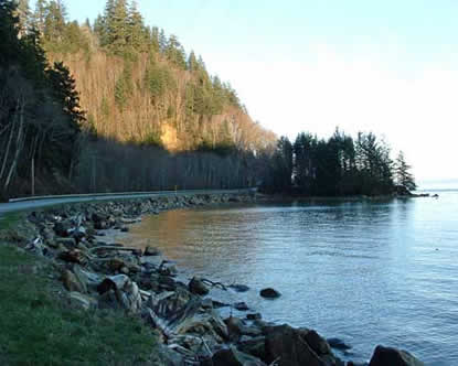 This is a photograph of Clark’s Dismal Nitch at present-day. The shoreline has changed over time from human influence as well as natural influences as can be seen most evidently by the highway and rip-rap along the shoreline. Courtesy of Cliff Vancura of Otak, Inc.