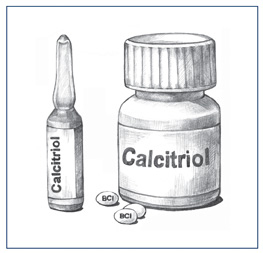 Drawing of synthetic forms of calcitriol, including a pill bottle and a vial, both labeled “Calcitriol.” 