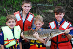 Scouts from Pack 302, Panama City, FL holding Gulf sturgeon (from left to right:  Bailey Lang, Forrest Lang, Ben Hemming, Noah Lang).  Copyright Paul A. Lang.