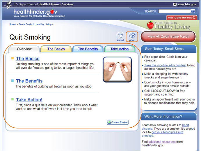 The Quick Guide to Healthy Living page with highlight outlining the Quit Smoking Overview topics