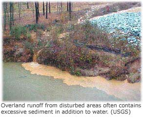 Picture showing sediment-filled runoff from a road running into a creek during a rainstorm. 