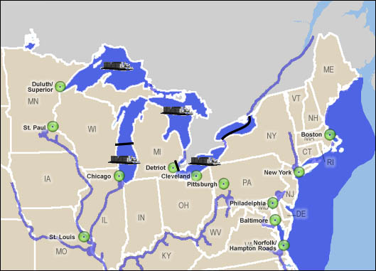 map showing shipping lines that are part of the Marine Highway Program