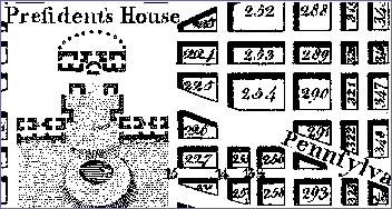 Historical map showing "President's House" with surrounding streets and buildings in Washington D.C. 