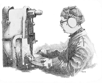 Pencil illustration by Martha Perske of a man at work at a manufacturing machine.