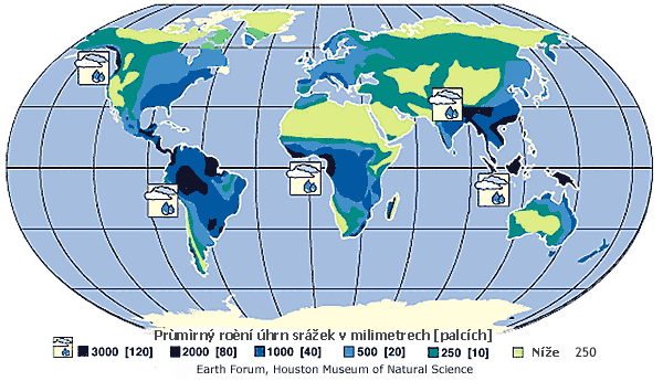 Mapa svìta znázoròující rozložení prùmìrného roèního úhrnu srážek (Map of the world showing average annual precipitation). 