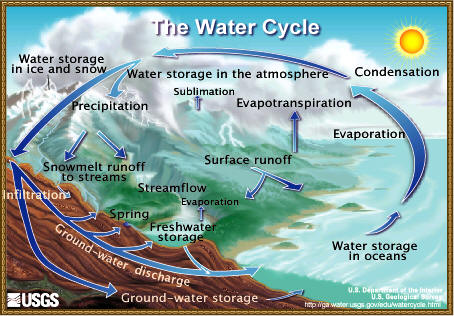 The Water Cycle:  color graphic showing the movement of water through the water cycle, from evaporation and transpiration to condensation, to water storage in the atmophere, to precipitation, to water storage in ice and snow, surface runoff, snowmelt runoff to streams, streamflow, and freshwater storage.  A cut away shows the ground water portion of the water cycle, from infiltration to ground water storage and ground water discharge into springs and freshwater storage.  Surface runoff, freshwater storage, ground water storage, and ground water discharge are all shown contributing to water storage in oceans, where the evaporation portion of the water cycle starts again. 
