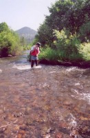 USGS scientist collecting water-quality samples for metals analysis, Prickly Pear Creek, Mont., as part of a study of the diurnal variation of metals in streams