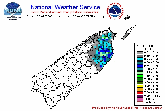 6 hour radar derived  rainfall estimates