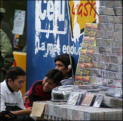 Photo: Of students looking at a roadside software CD sales.