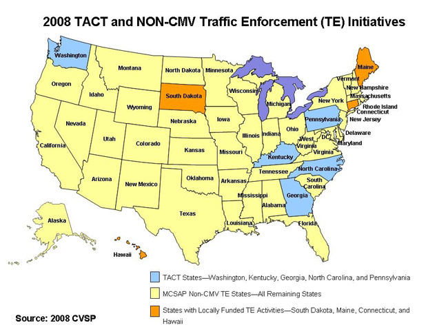map of the united states with links to TACT states and MCSAP representatives for non-TACT States